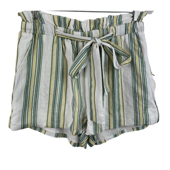 Hummingbird Pants - Hummingbird Paper Bag Shorts Lined Tie Waist Green Yellow Striped Womens Size L